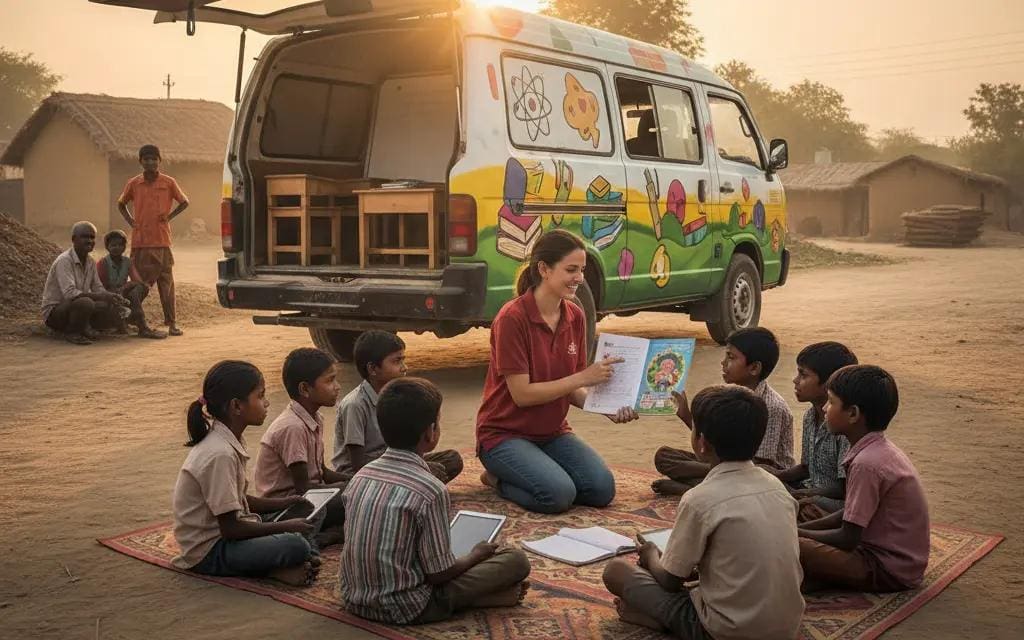 Woman teaching children outdoors beside colorful van