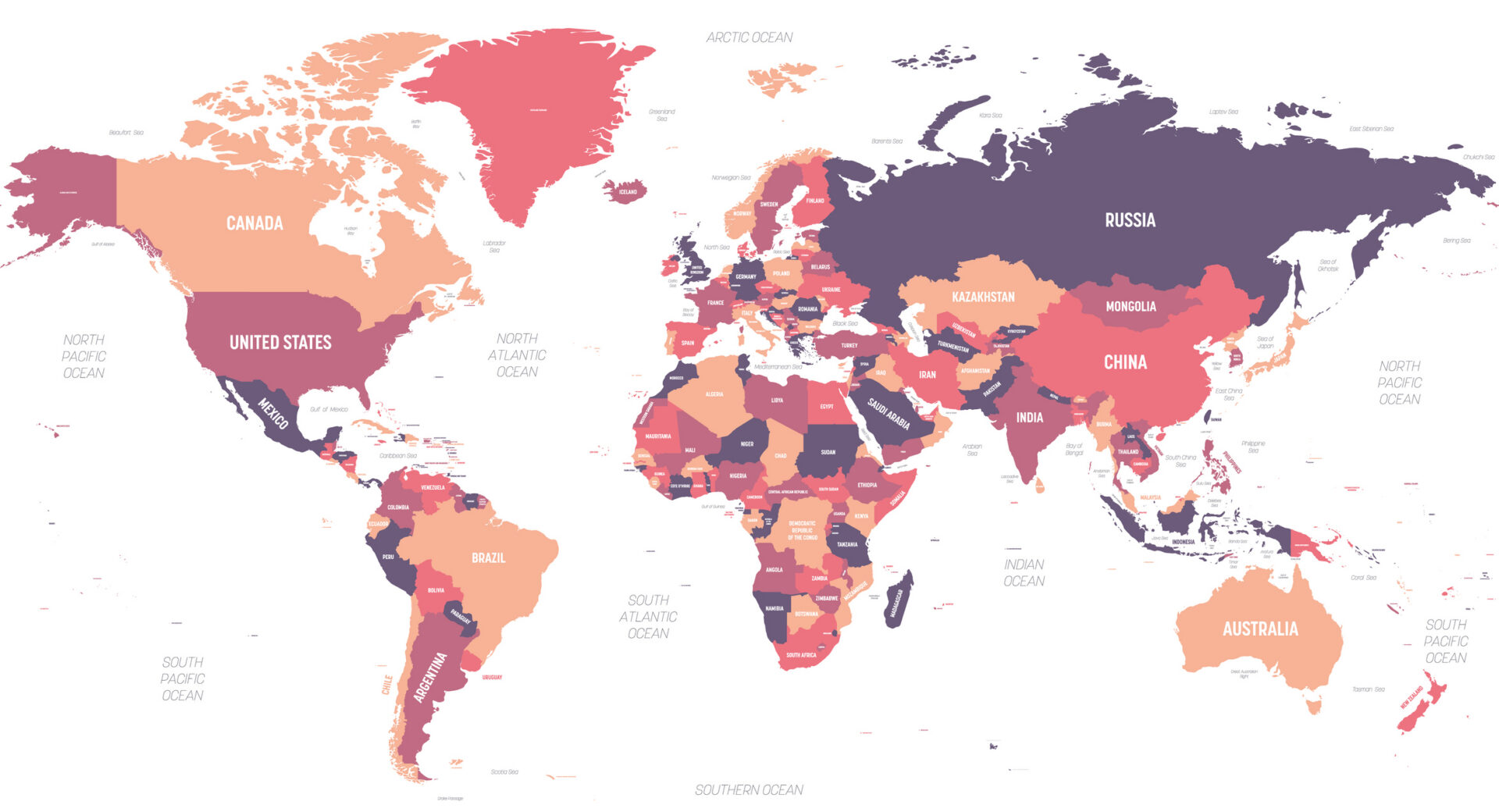Pastel colored world map with country labels